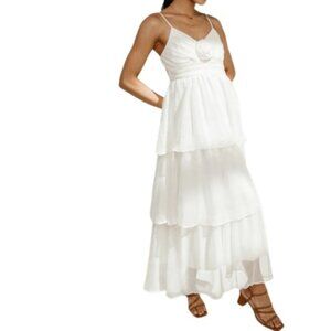 By The River Womens Dani Maxi Dress Cream Rosette Layered Smocked Chiffon L New